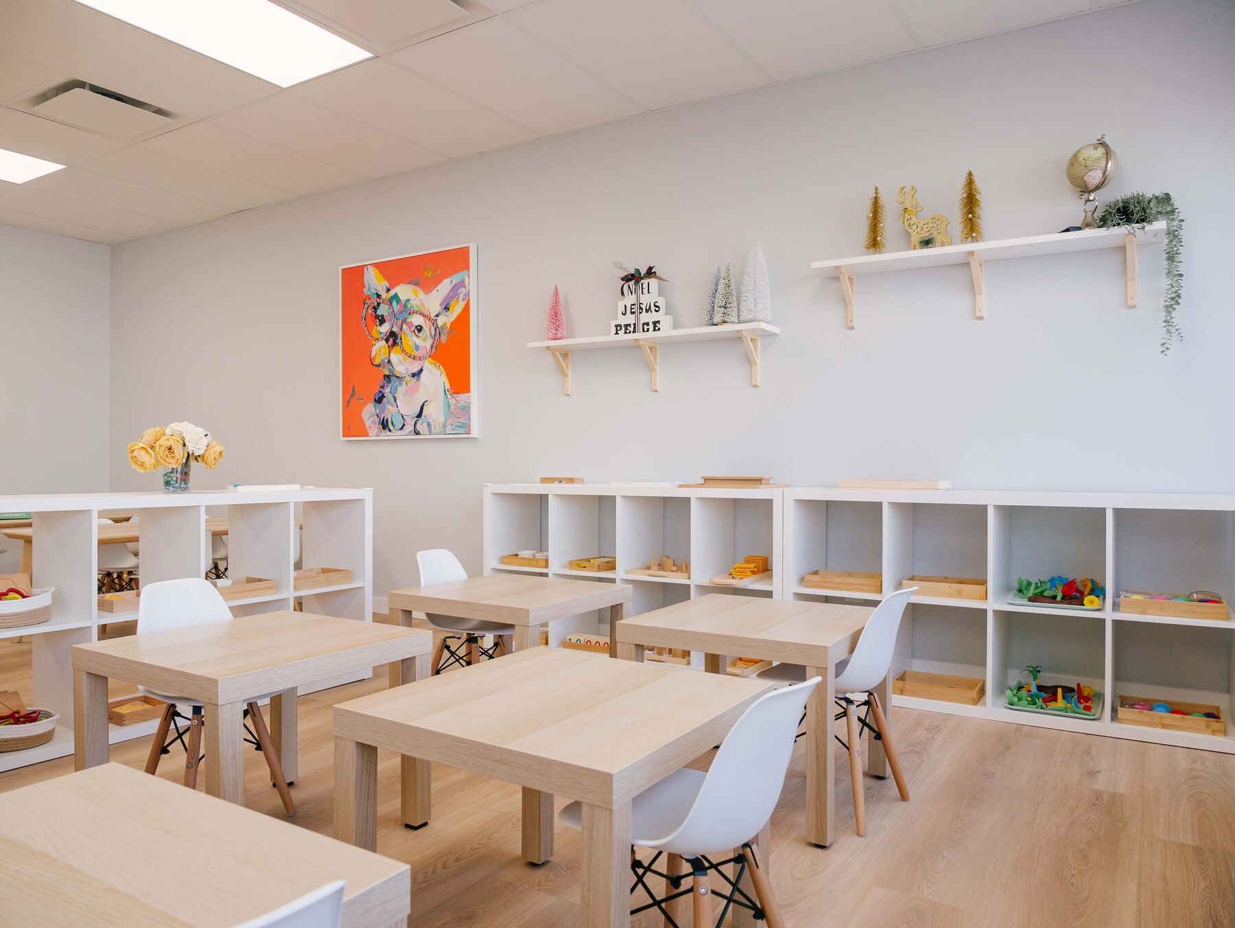 Cubed white shelving used as a low room divider between two work areas of a classroom.