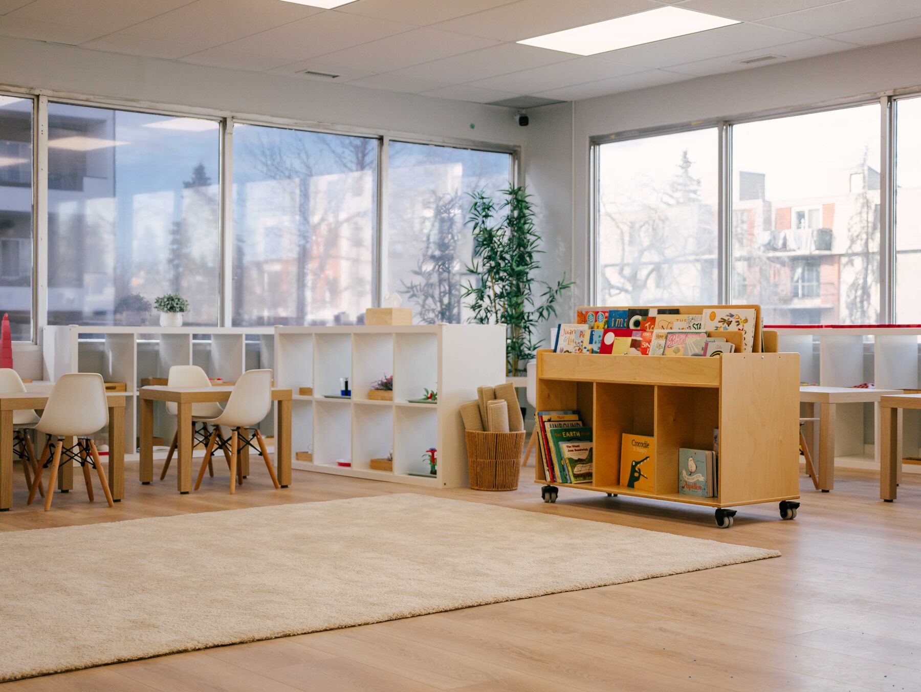 A classroom reading corner with a pale rug, a wooden book trolley on casters, and windows running the length of the wall.