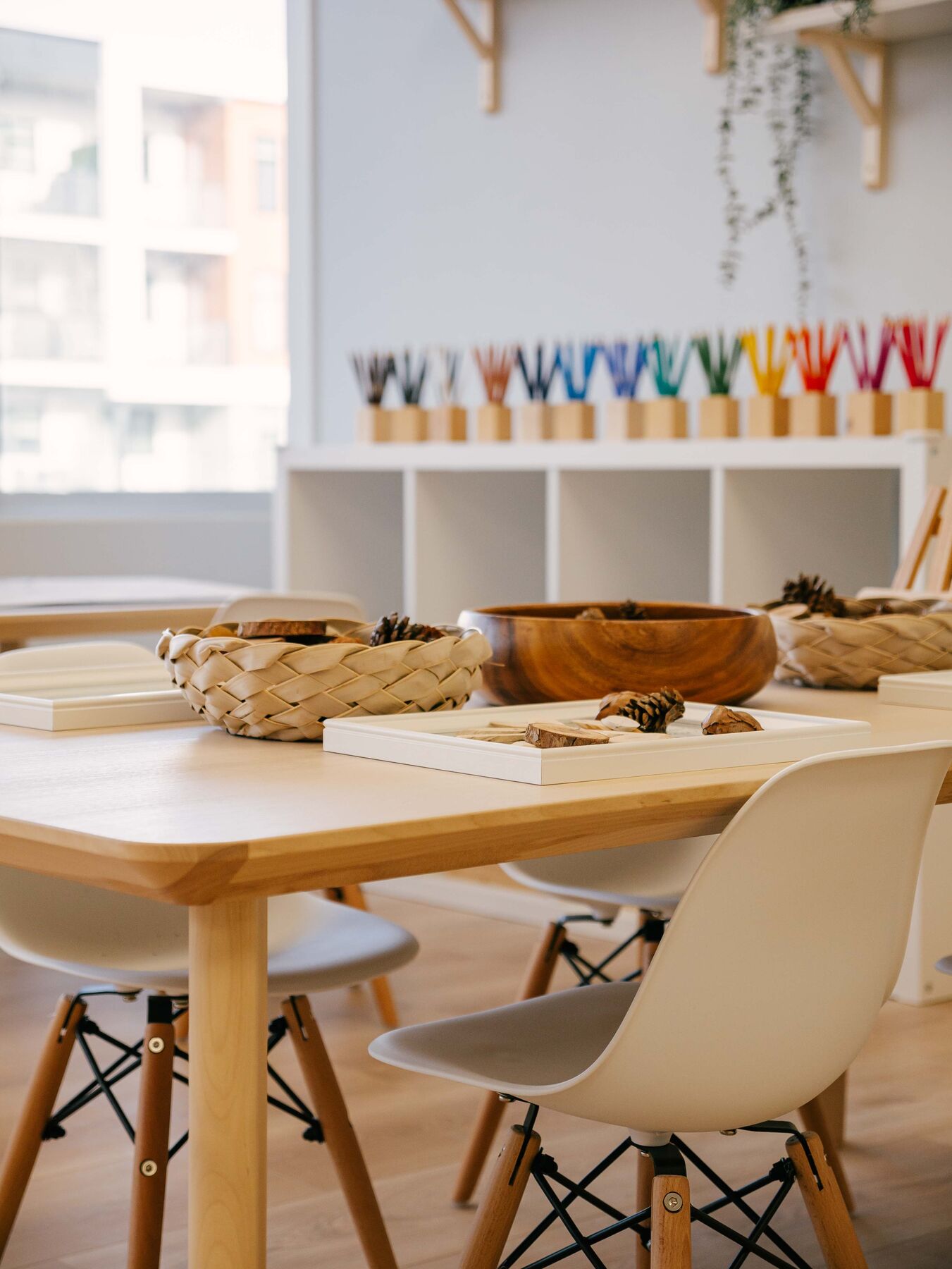 A wooden bowl and basket of pinecones, bark and seed pods on a studio table, with coloured pencils on the shelf behind.